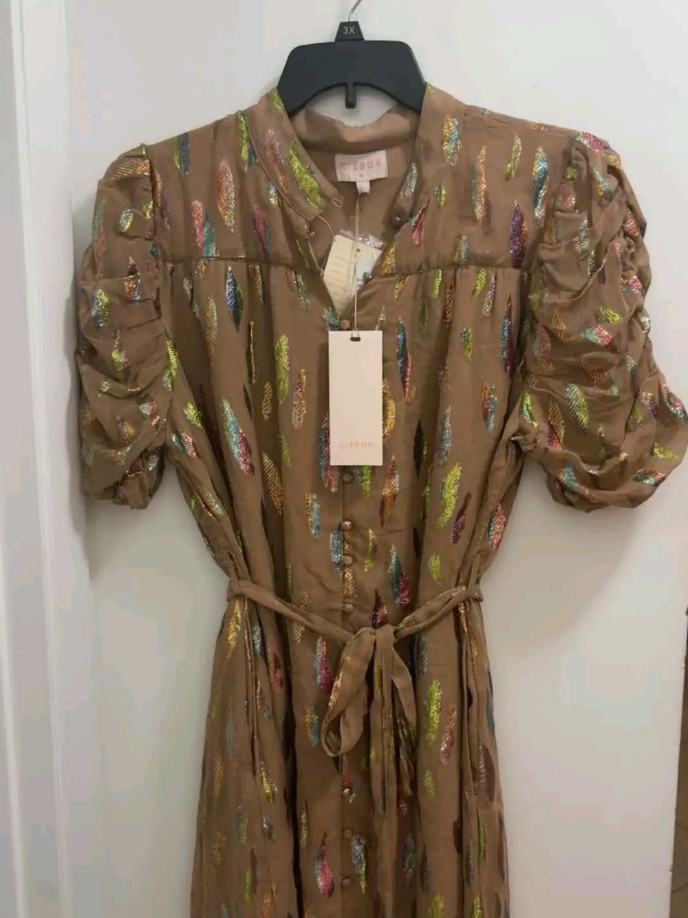 Ciebon Mocha-Colored Metallic Feather-Print Midi Dress - XL